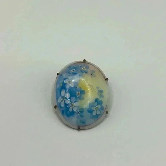 Jewelry - Vintage Victorian Handpainted Blue Flower Porcelain Brooch Pin Brass Back